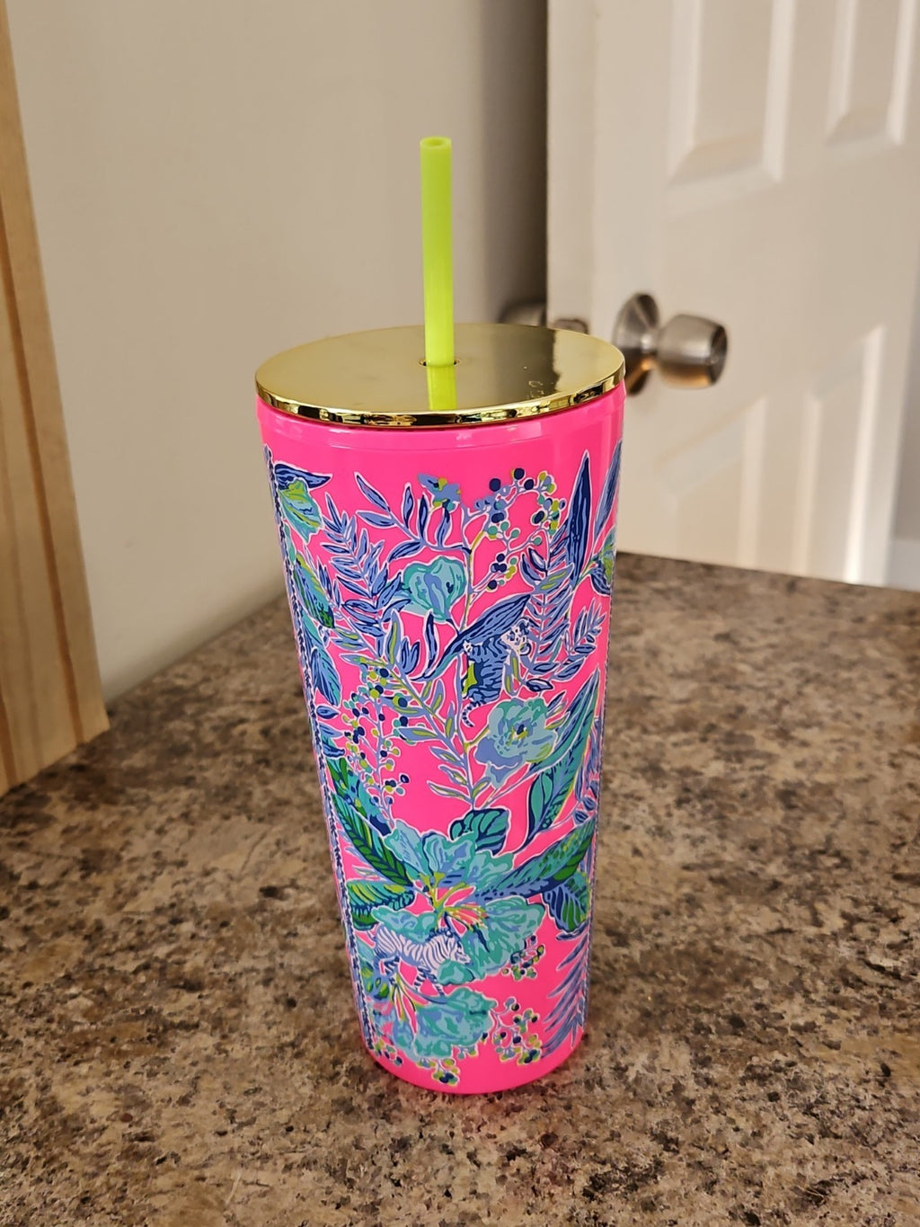 Lilly Pulitzer Tumbler With Straw Lil Earned Stripes Zebra Pink 24 oz. EUC