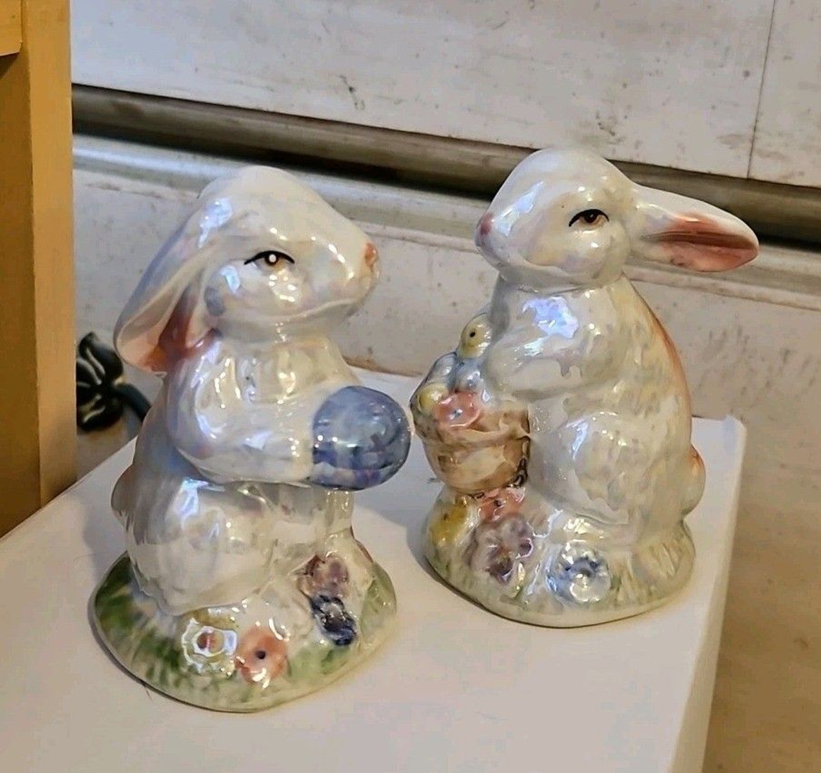 Set Of 2 Iridescent Easter Bunny Ceramic Figurines, Beautiful!