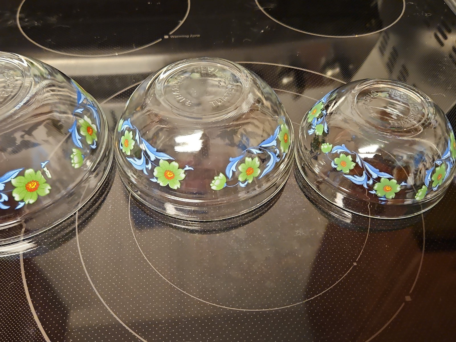 Set Of 4 Imperial Glass Green Sunflower Blue Leaves Nesting Bowls EUC