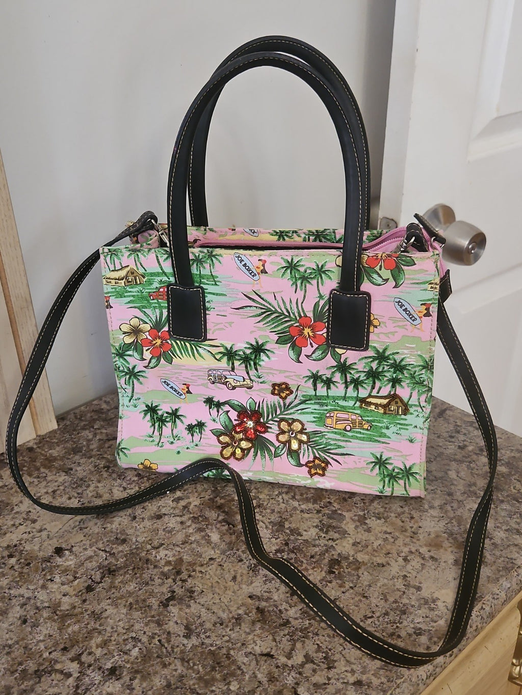 Vintage Y2K Joe Boxer Hawaiian Beaded Canvas Handbag Purse Pink Tropical Print