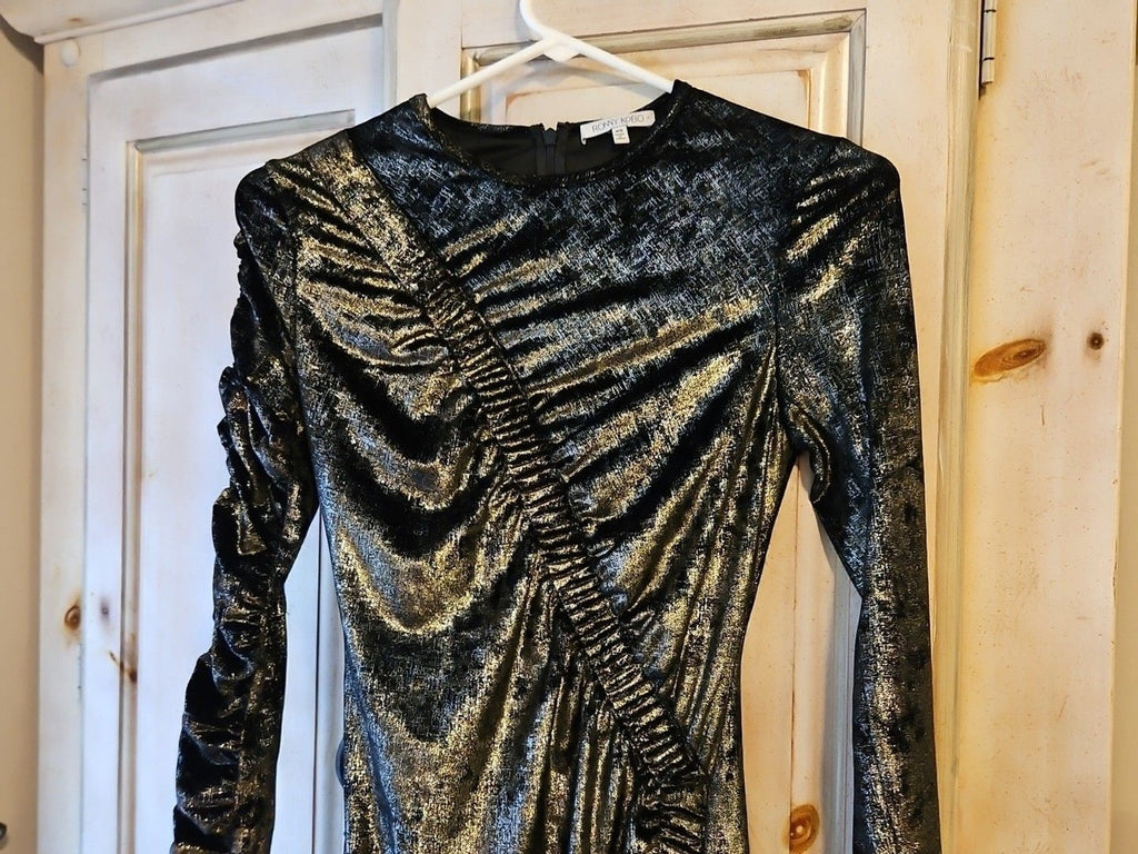 Ronny Kobo Womens Yarden Black & Gold Metallic Velvet Ruched Mini Dress XS