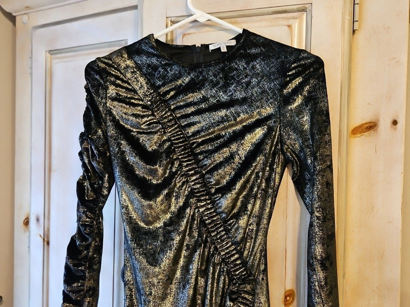 Ronny Kobo Womens Yarden Black & Gold Metallic Velvet Ruched Mini Dress XS