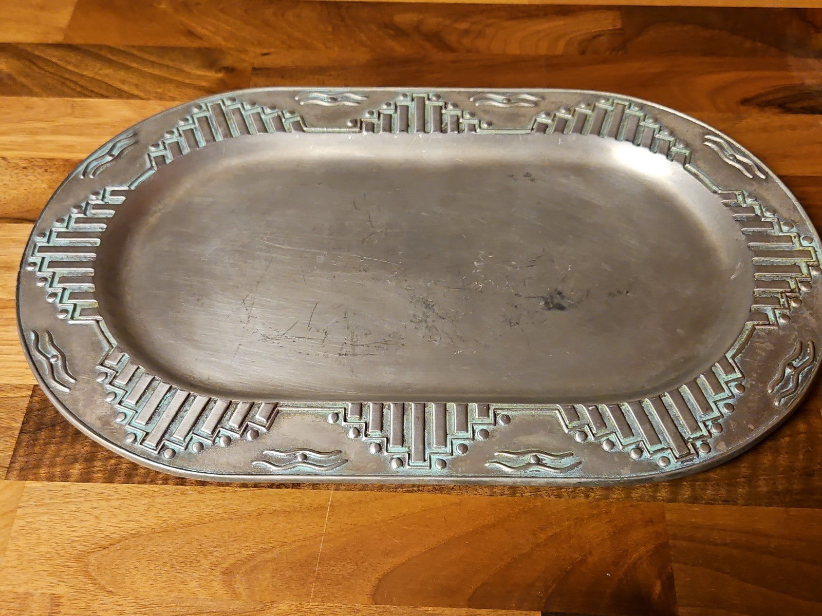 Vintage Wilton Armetale Zia Turquoise Southwestern Oval Serving Platter  12”