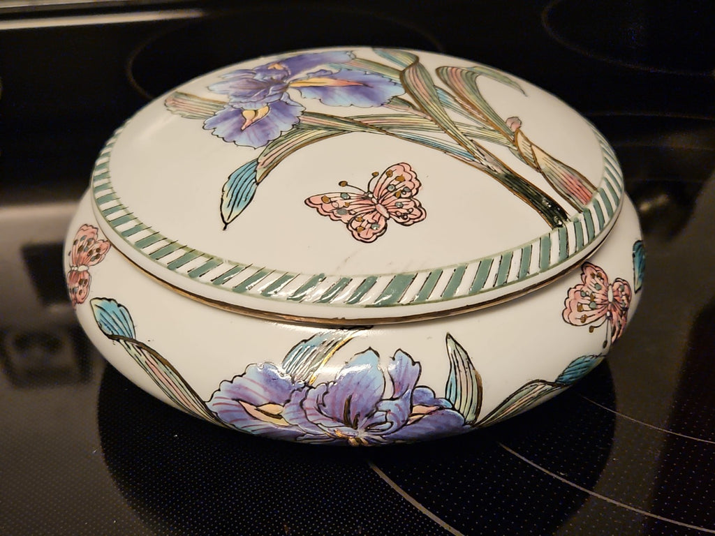 Vintage Andrea by Sadek 7" Round Trinket Box Iris & Butterflies W Gold Detail
