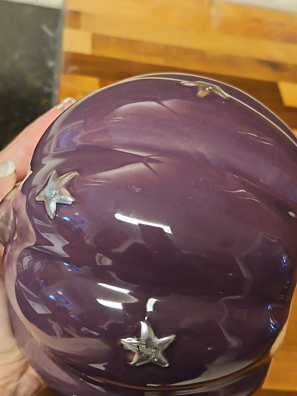 Purple & Silver Celestial Ceramic Pumpkin Goth Halloween Fall Decor 6.5" EUC