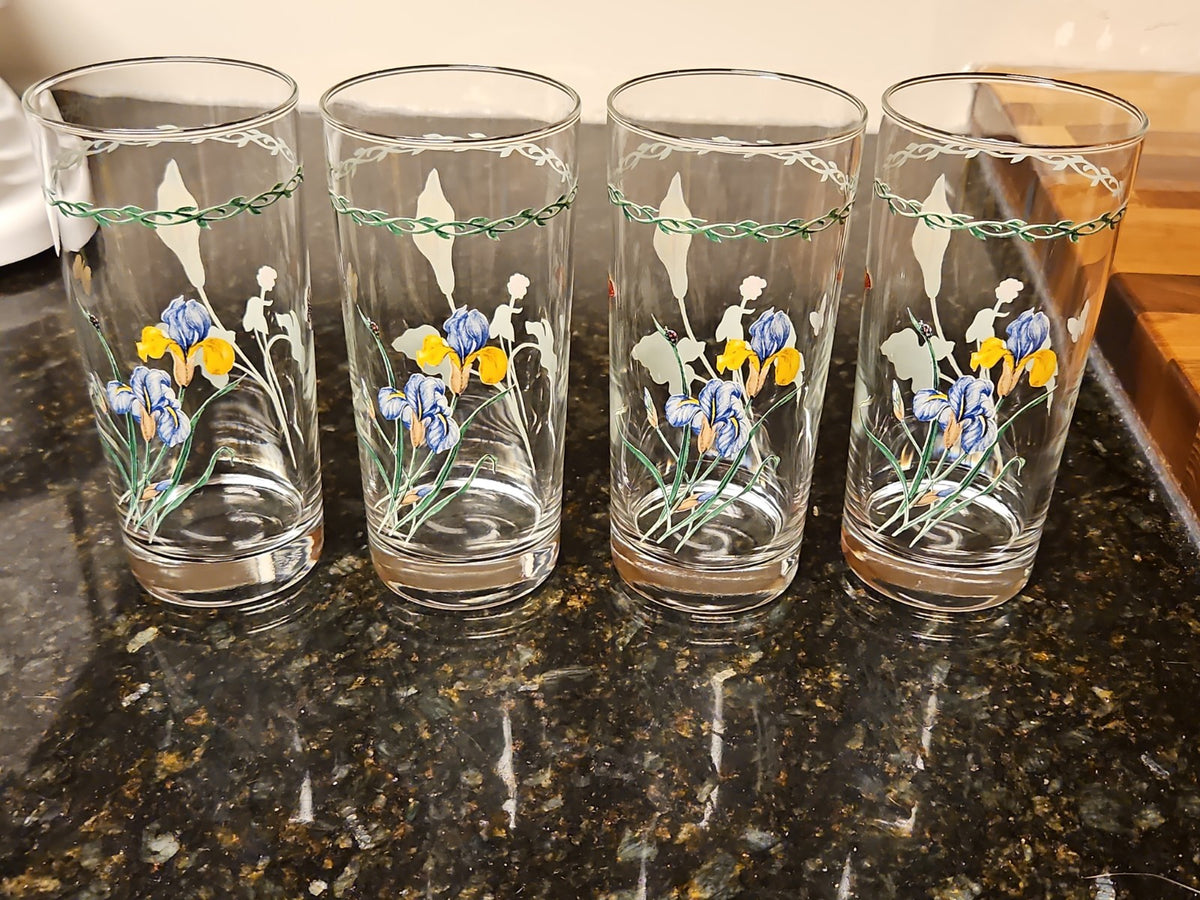 Set of 4 Vintage Floral Highball Tumbler Glasses Blue Iris & White Calla Lily
