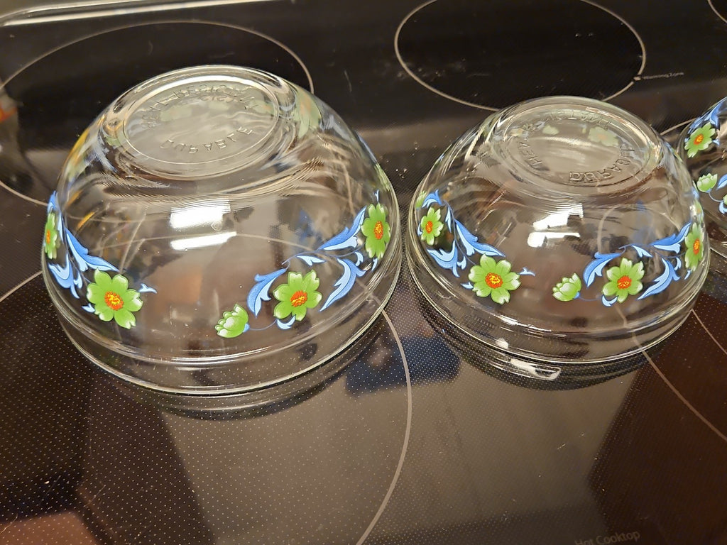 Set Of 4 Imperial Glass Green Sunflower Blue Leaves Nesting Bowls EUC