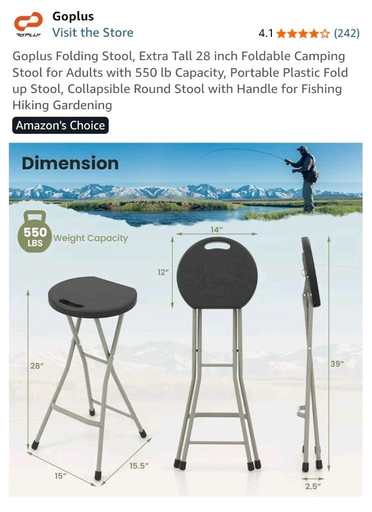 NIB Goplus Extra Tall 28" Foldable Stool Camping Stool 550 Lb Capacity