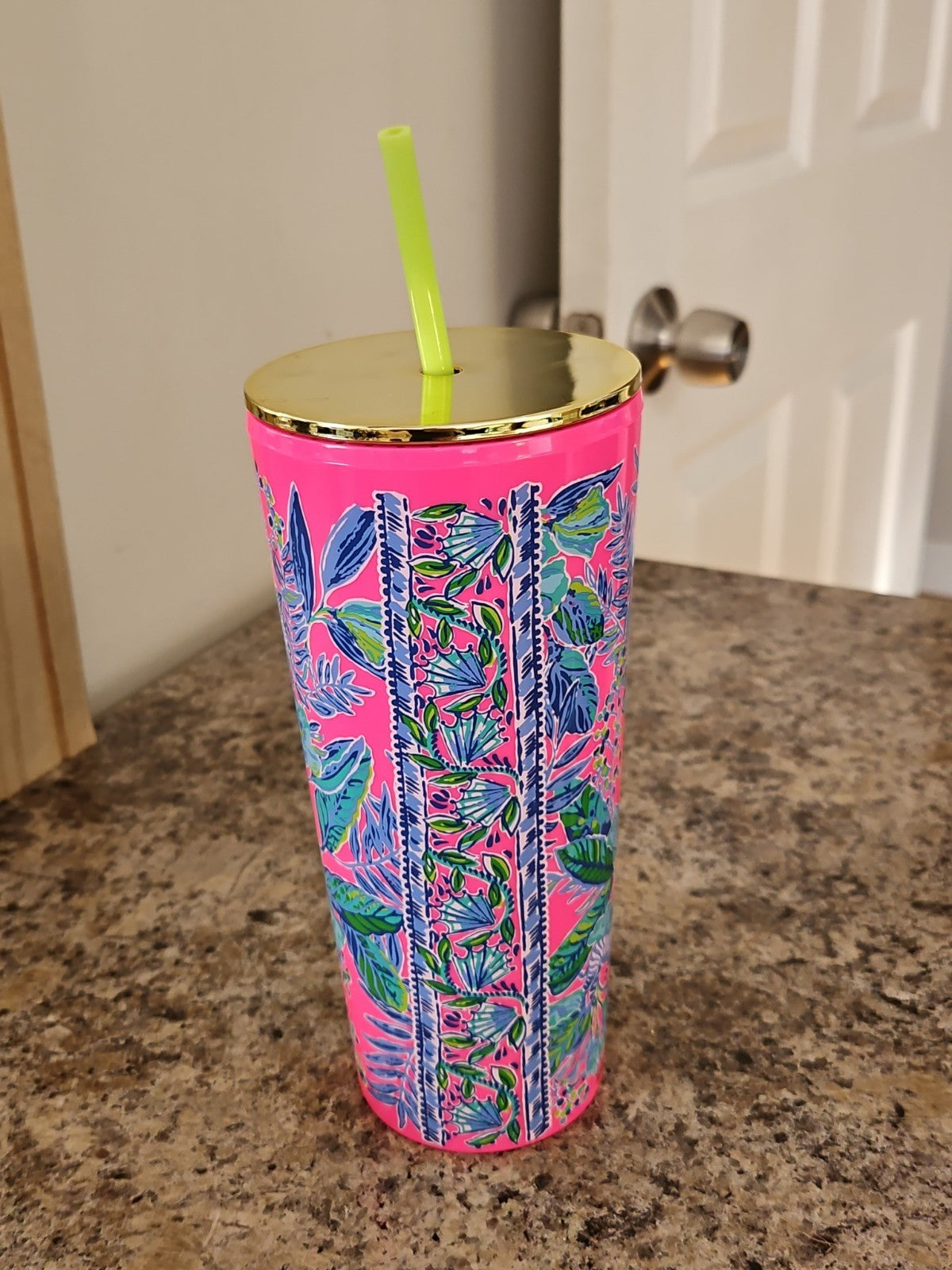 Lilly Pulitzer Tumbler With Straw Lil Earned Stripes Zebra Pink 24 oz. EUC