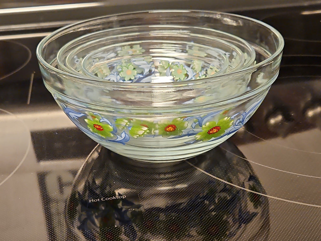 Set Of 4 Imperial Glass Green Sunflower Blue Leaves Nesting Bowls EUC