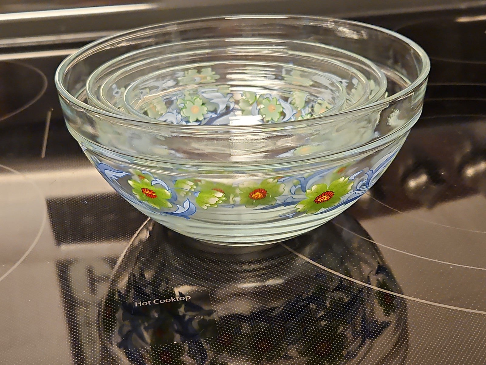 Set Of 4 Imperial Glass Green Sunflower Blue Leaves Nesting Bowls EUC