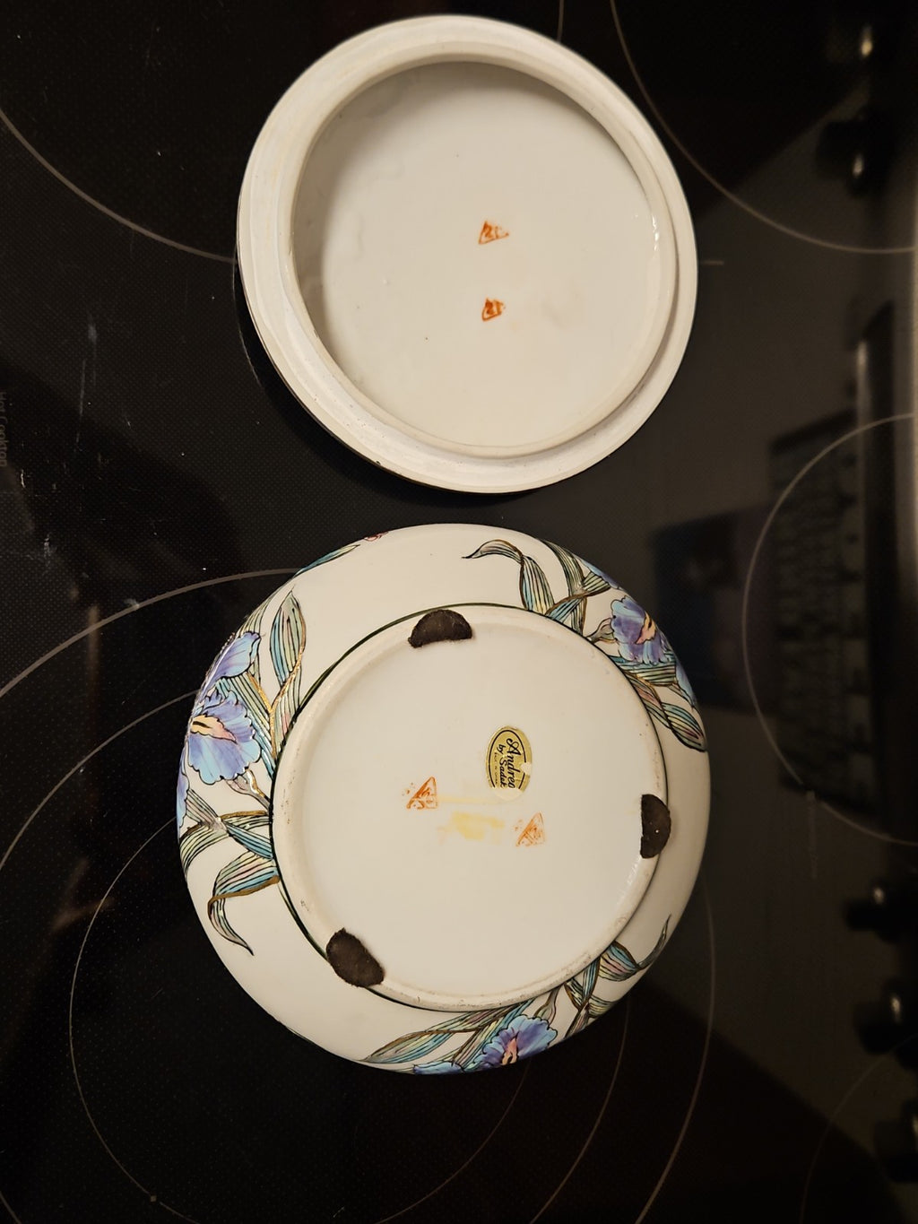 Vintage Andrea by Sadek 7" Round Trinket Box Iris & Butterflies W Gold Detail