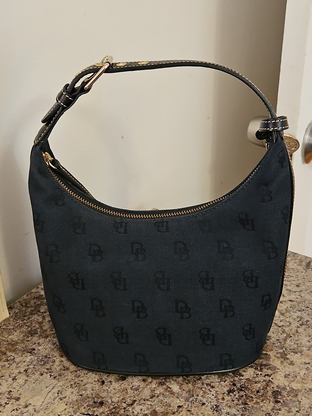 Vintage Dooney & Bourke Black Signature Monogram DB Canvas Mini Hobo Bag Purse