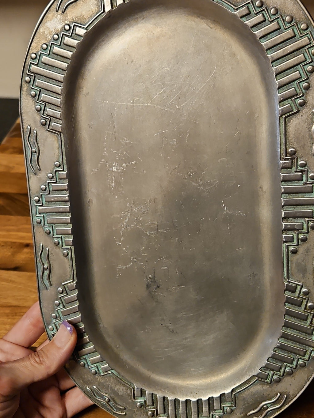 Vintage Wilton Armetale Zia Turquoise Southwestern Oval Serving Platter  12”