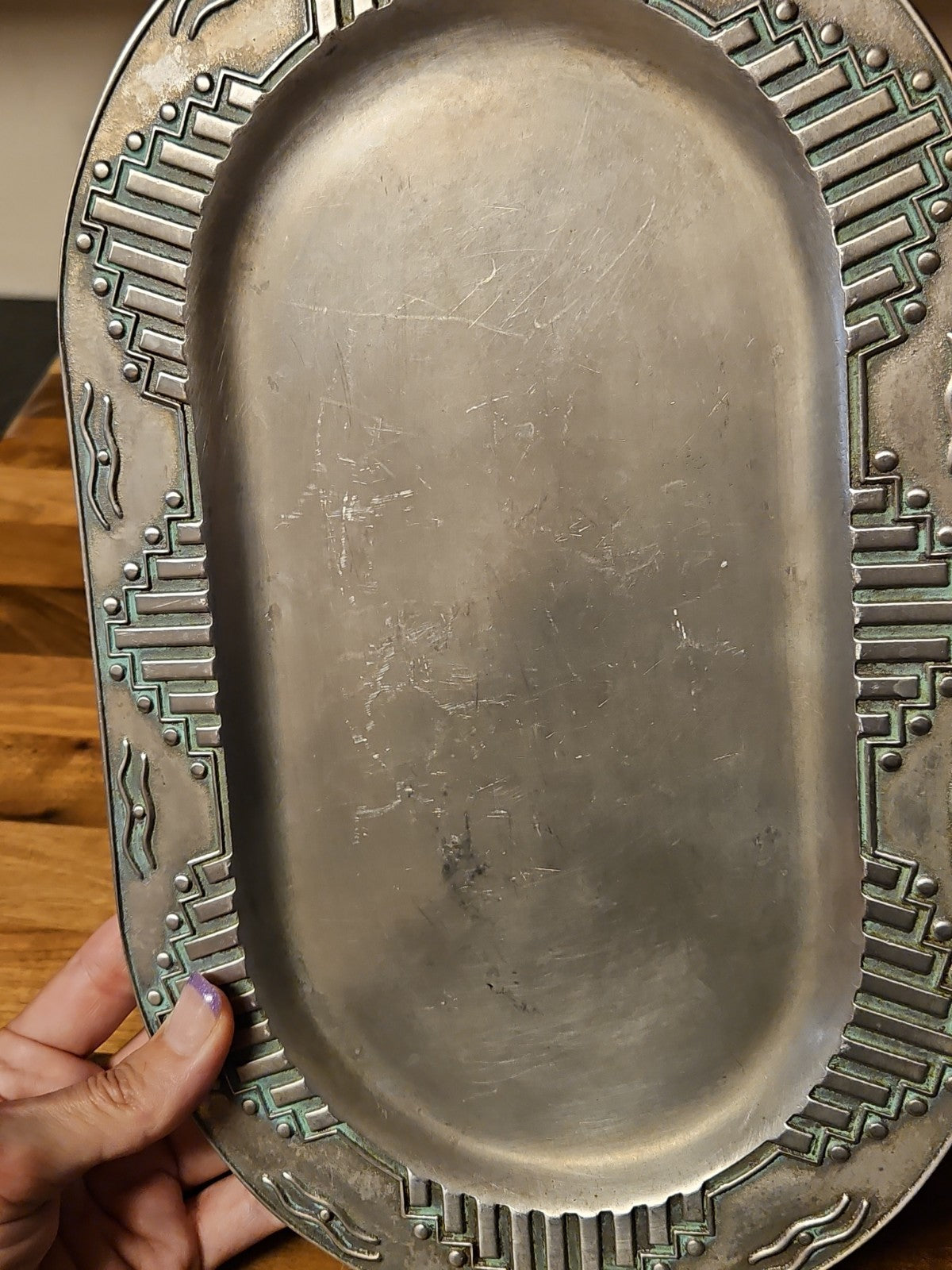Vintage Wilton Armetale Zia Turquoise Southwestern Oval Serving Platter  12”