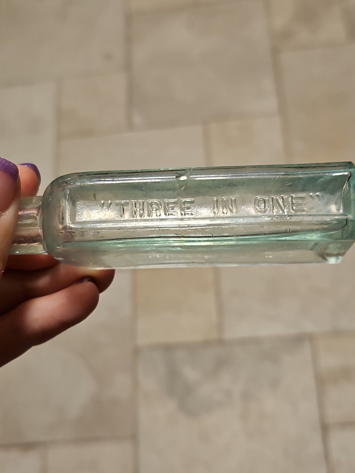 Vinyage 1890's First Gen G.W. Cole Co. Three In One Oil Bottle Blown Aqua Glass