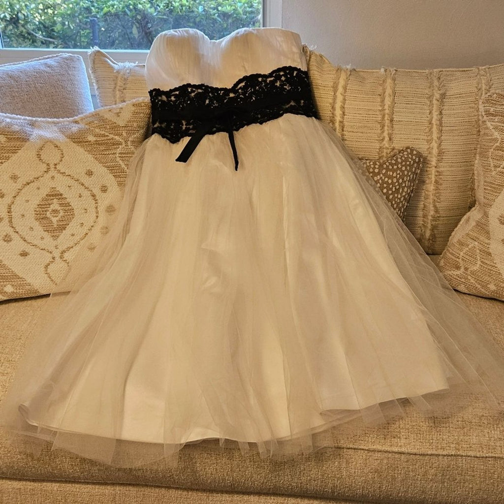 NWT Tea Length JJs House White Wedding Dress Black Accent Waist Detail Size 14