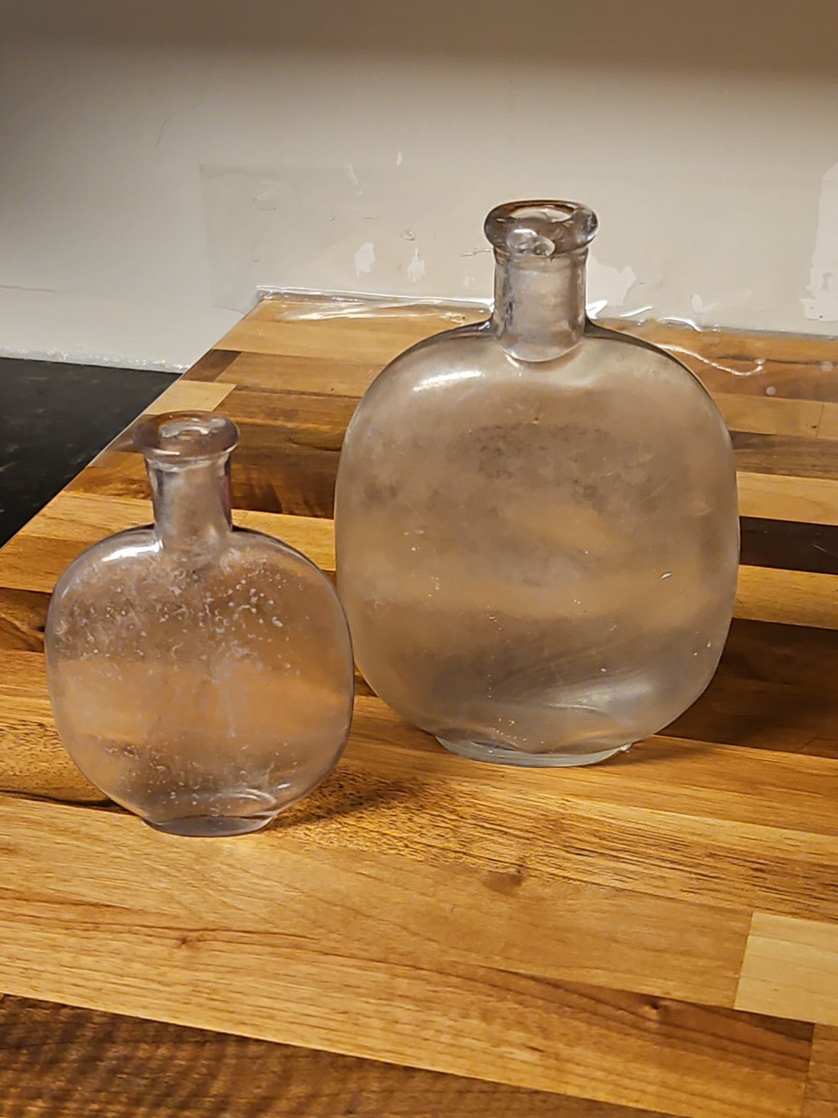 Set Of 2 Antique Blown Glass Pumpkin Seed Flasks 1 Pt & 1/2 Pt Purple Grey Tint