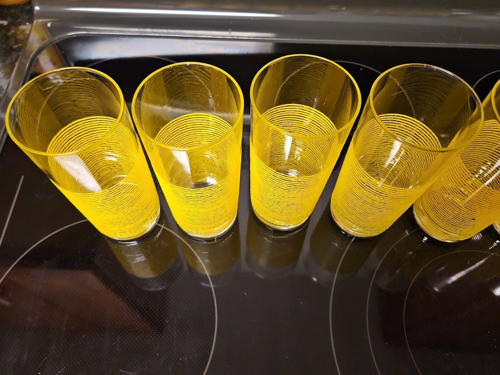 Set of 7 Vintage Culver Yellow Icicle Glasses Spaghetti String Glasses Rare!