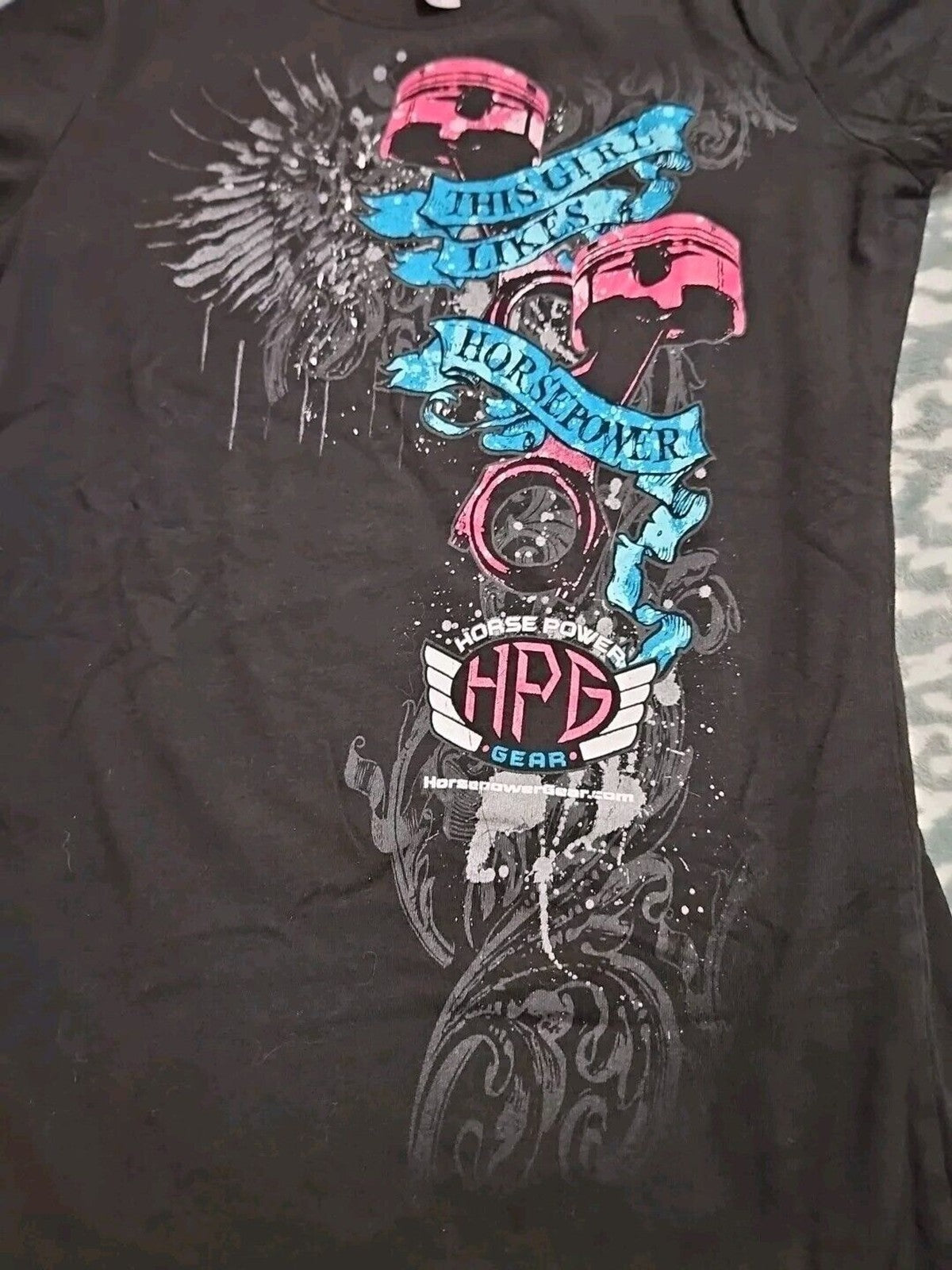 This Girl Loves Horsepower Graphic Racing T Shirt S Black Ladies Cut