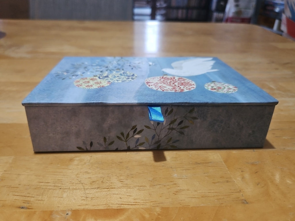 Elegant Storage Box Blue With Christmas Ornaments & Dove 7.75"x6"x2"