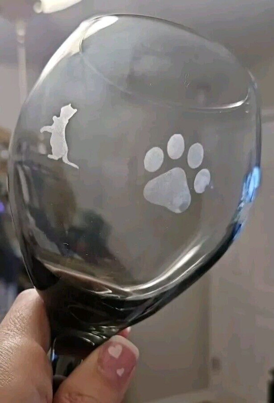 Smoke Gray Wine Glass Set Of 2 With Cat & Pawprint Etching 8”