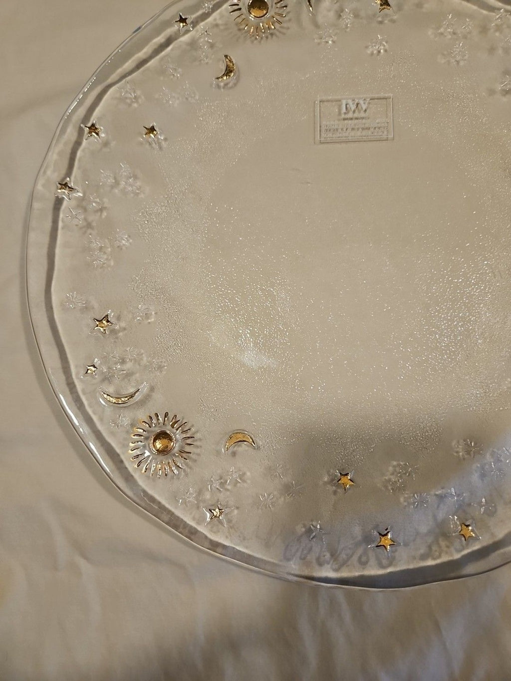 IVV Hand Painted Clear Glass Celestial Moon, Stars, Sun Plate 13.5" Gold Accents