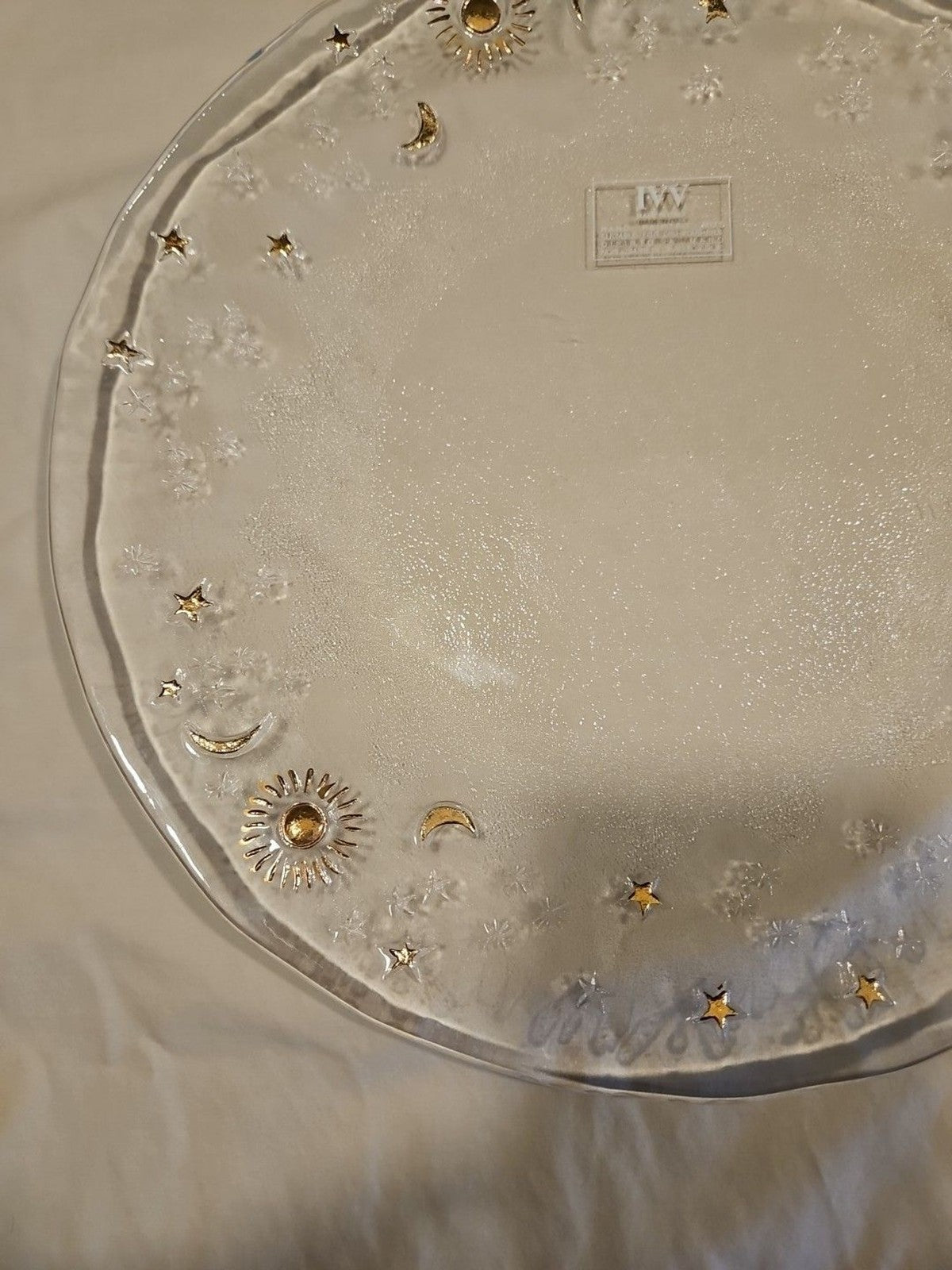IVV Hand Painted Clear Glass Celestial Moon, Stars, Sun Plate 13.5" Gold Accents
