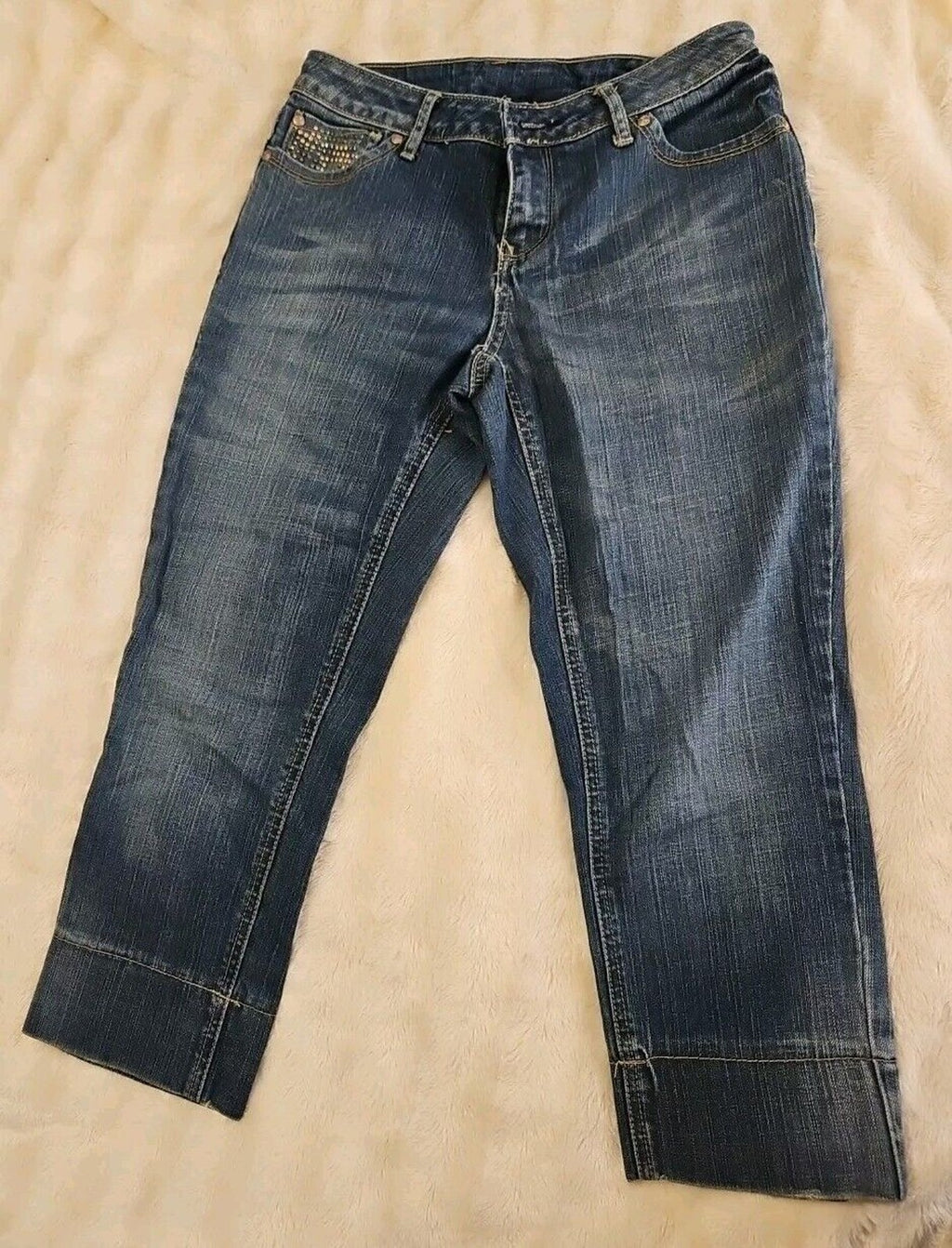Bisou Bisou Womens Capri Jeans Sz 2 With Copper & Gunmetal Rhinestone Accents