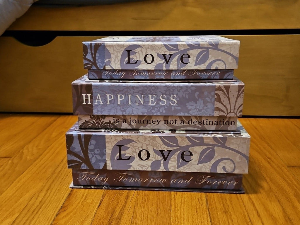 Elegant 3 Pc Nesting Storage Box Set Purple Fleur De Lis Love Laugh Happiness