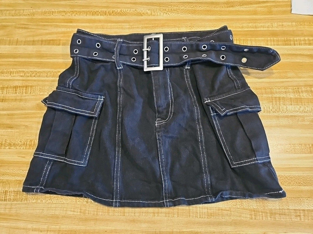 Forever 21 Black Denim Cargo Skirt W/ Riveted Belt Sz S