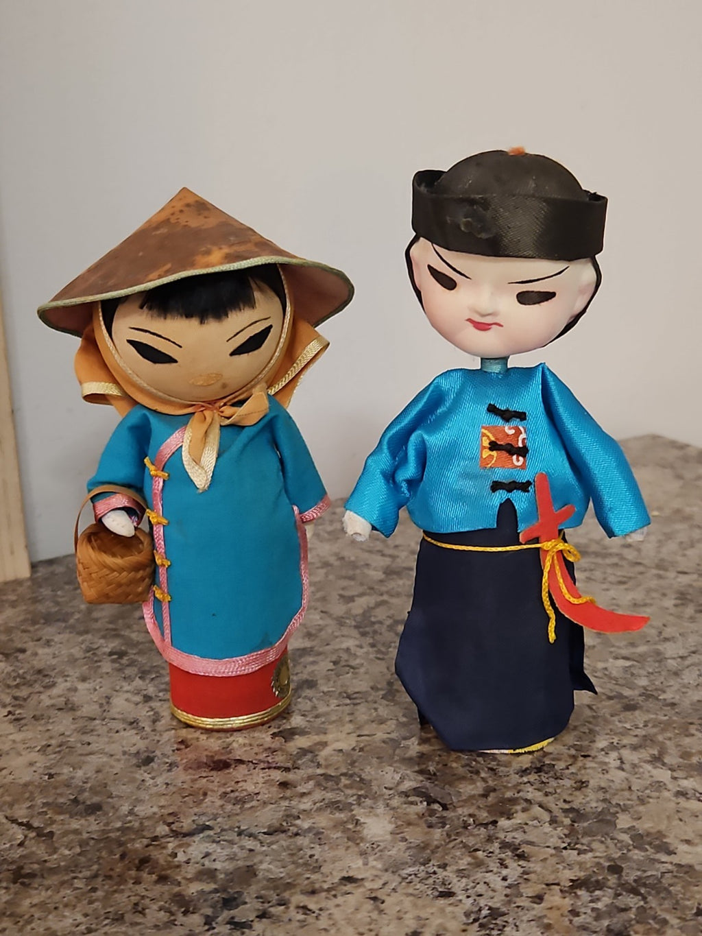 Set Of 2 Vintage Taiwan Free China Dolls Asian Folk Art Peasant Woman & Warrior