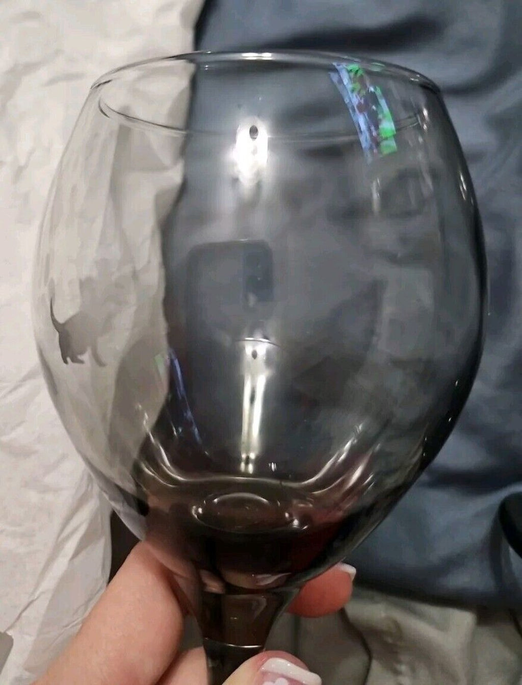 Smoke Gray Wine Glass Set Of 2 With Cat & Pawprint Etching 8”