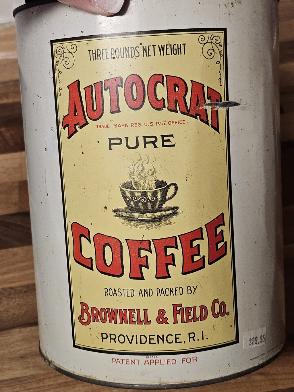 Vintage Brownell & Field Providence RI Autocrat Coffee 3lb Tin W/ Off-Center Lid