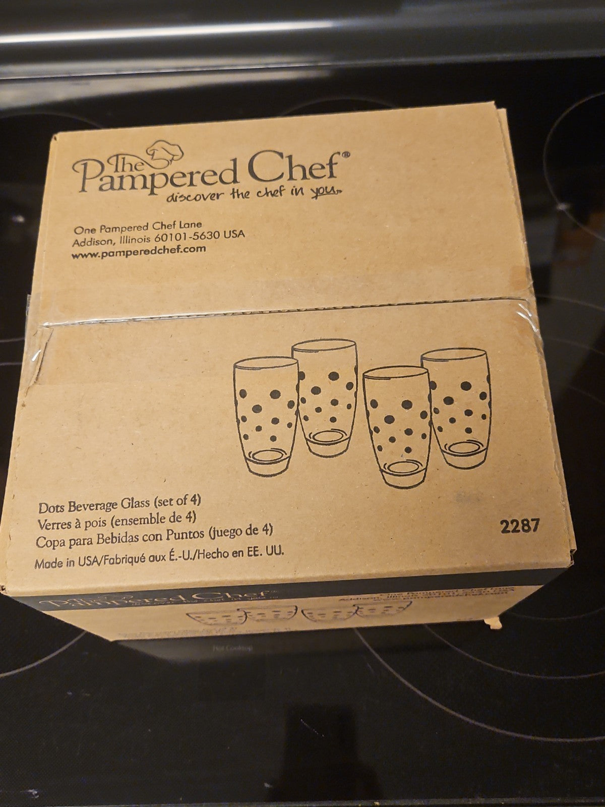 Set Of 4 Pampered Chef Dots 17 oz Beverage Glasses #2287 New in Sealed Box