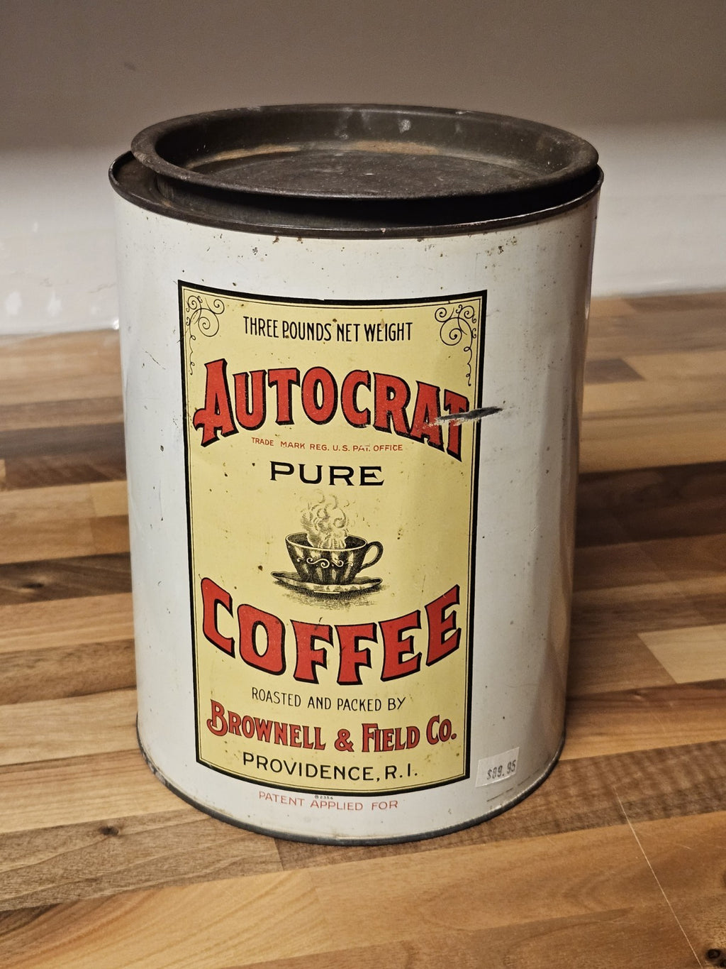 Vintage Brownell & Field Providence RI Autocrat Coffee 3lb Tin W/ Off-Center Lid