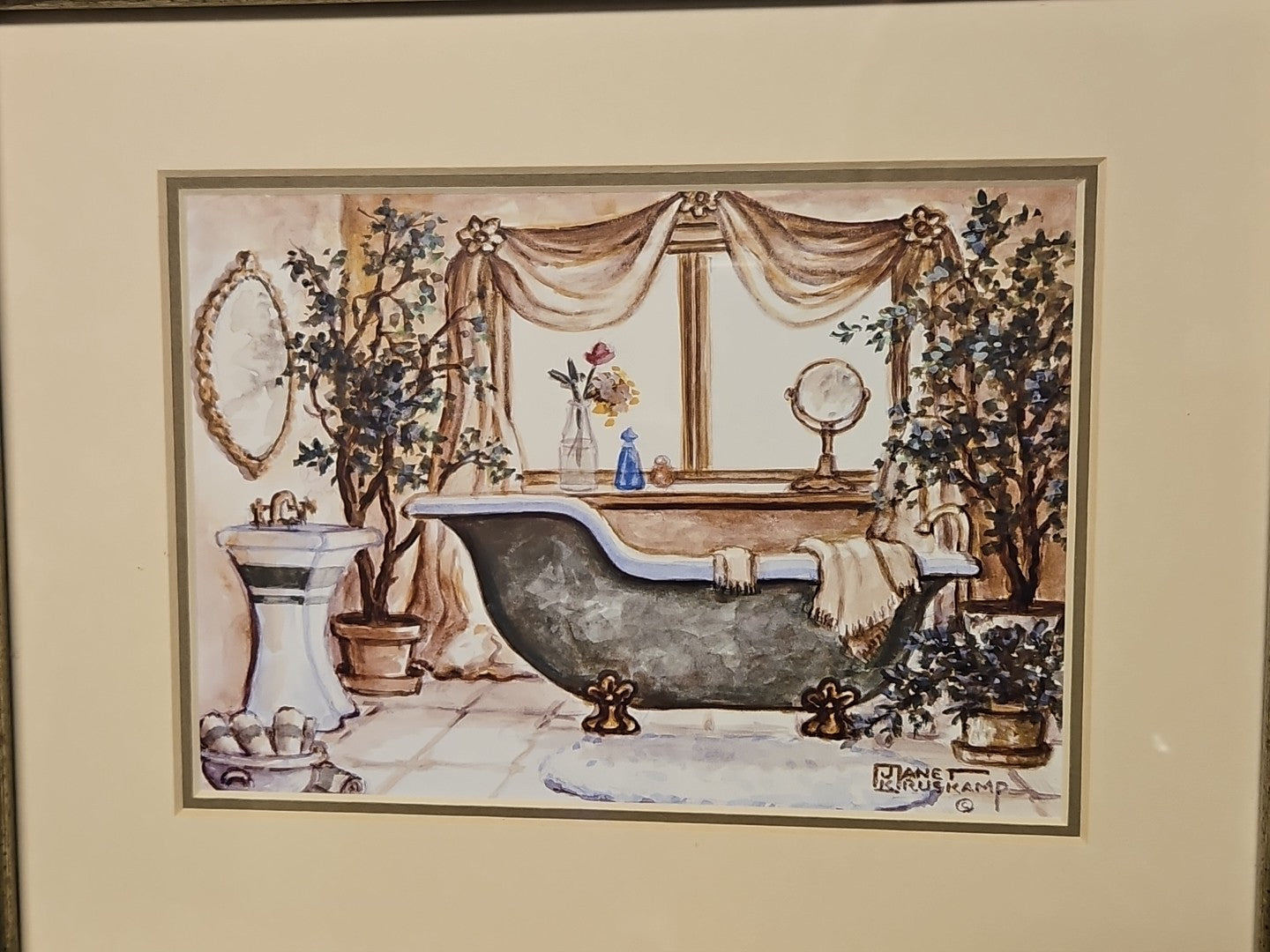 Vintage Style Janet Kruskamp Framed Art Print Clawfoot French Bathtub 9.5"x11.5"