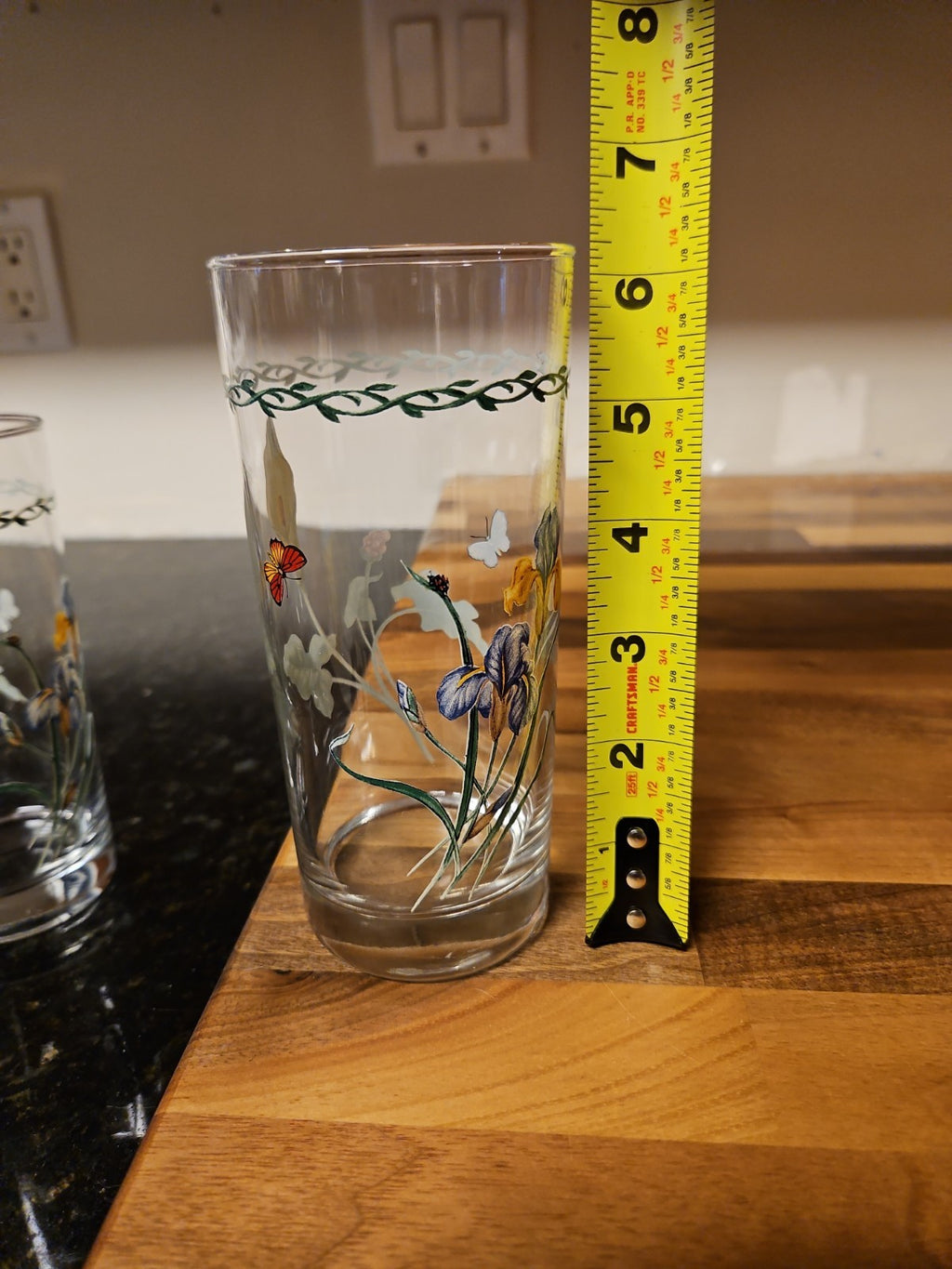 Set of 4 Vintage Floral Highball Tumbler Glasses Blue Iris & White Calla Lily