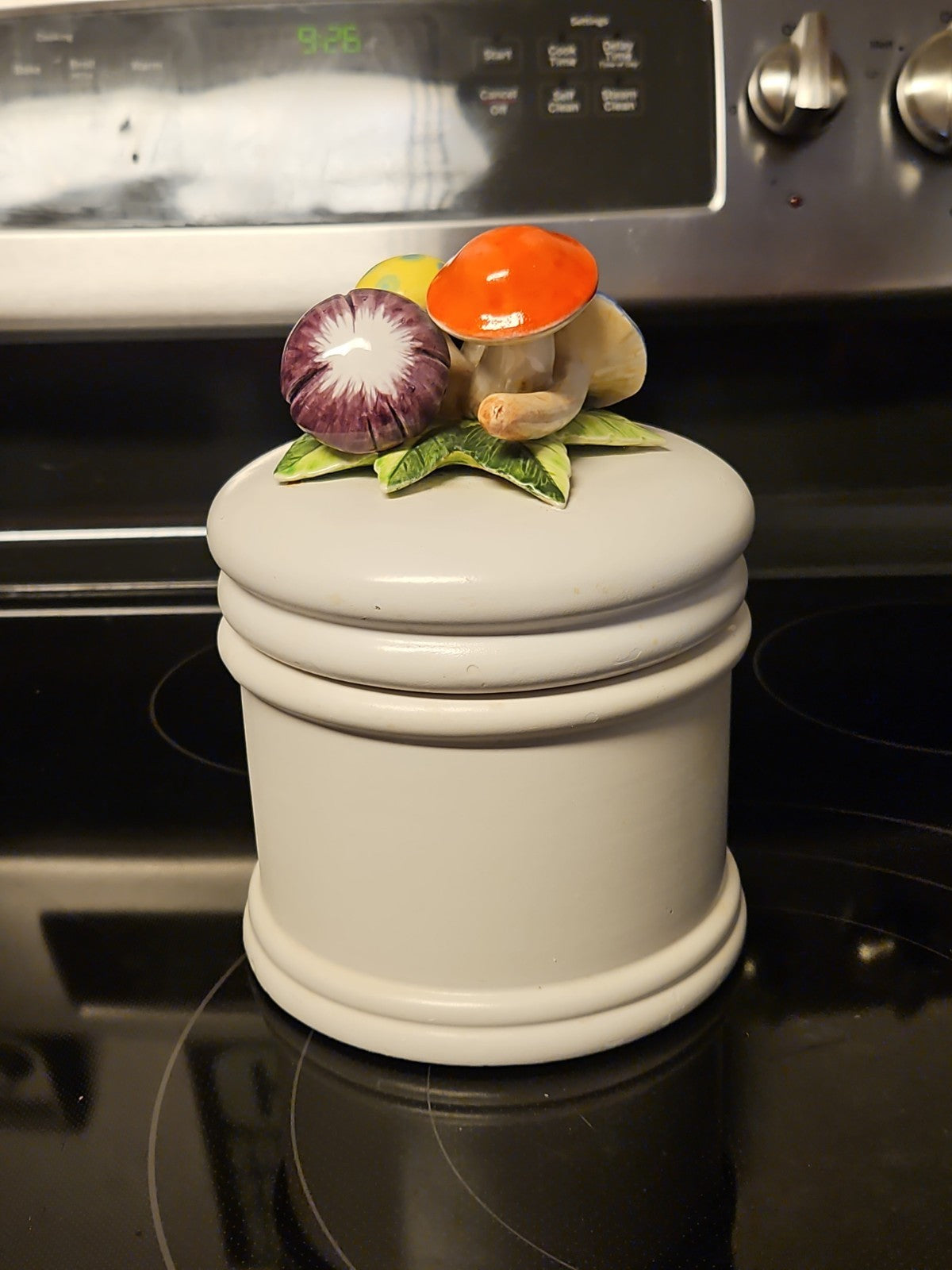 Vintage Arnart Ceramic Canister With Mushrooms Lid Medium Jar 5.5" READ