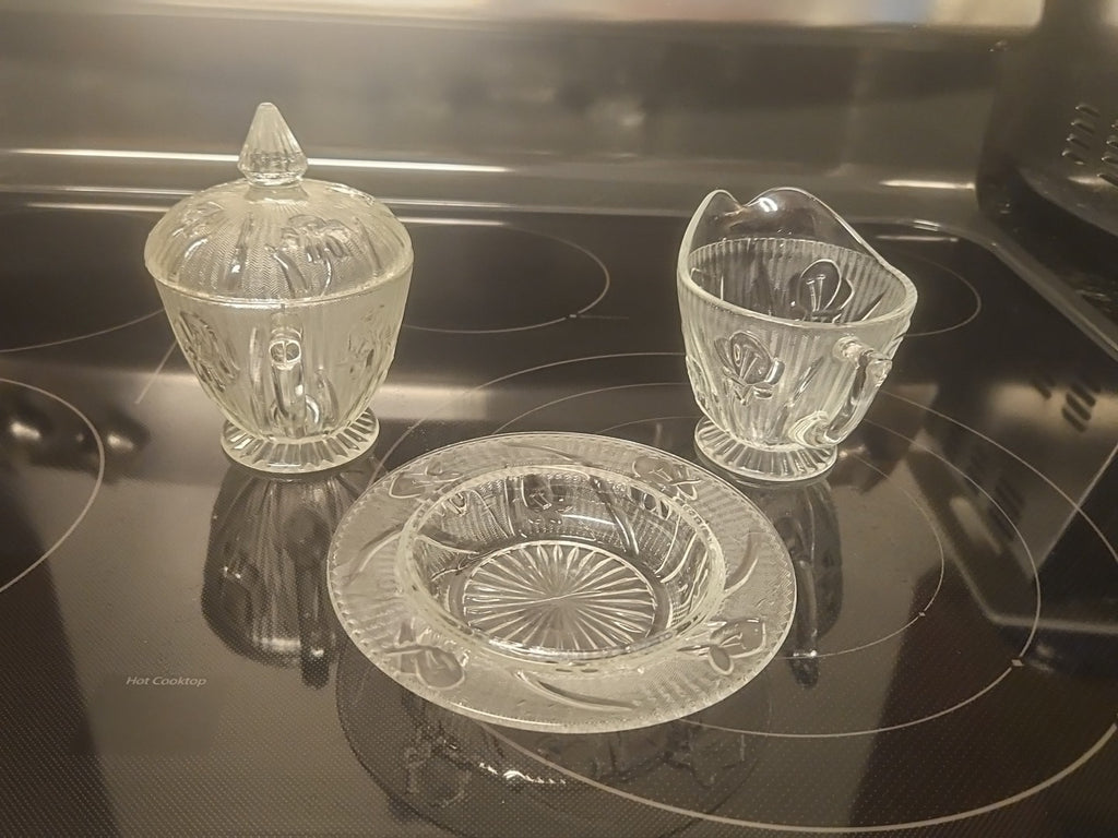 Vintage Jeanette Iris Herringbone Creamer, Sugar Bowl with Lid & Candy Dish