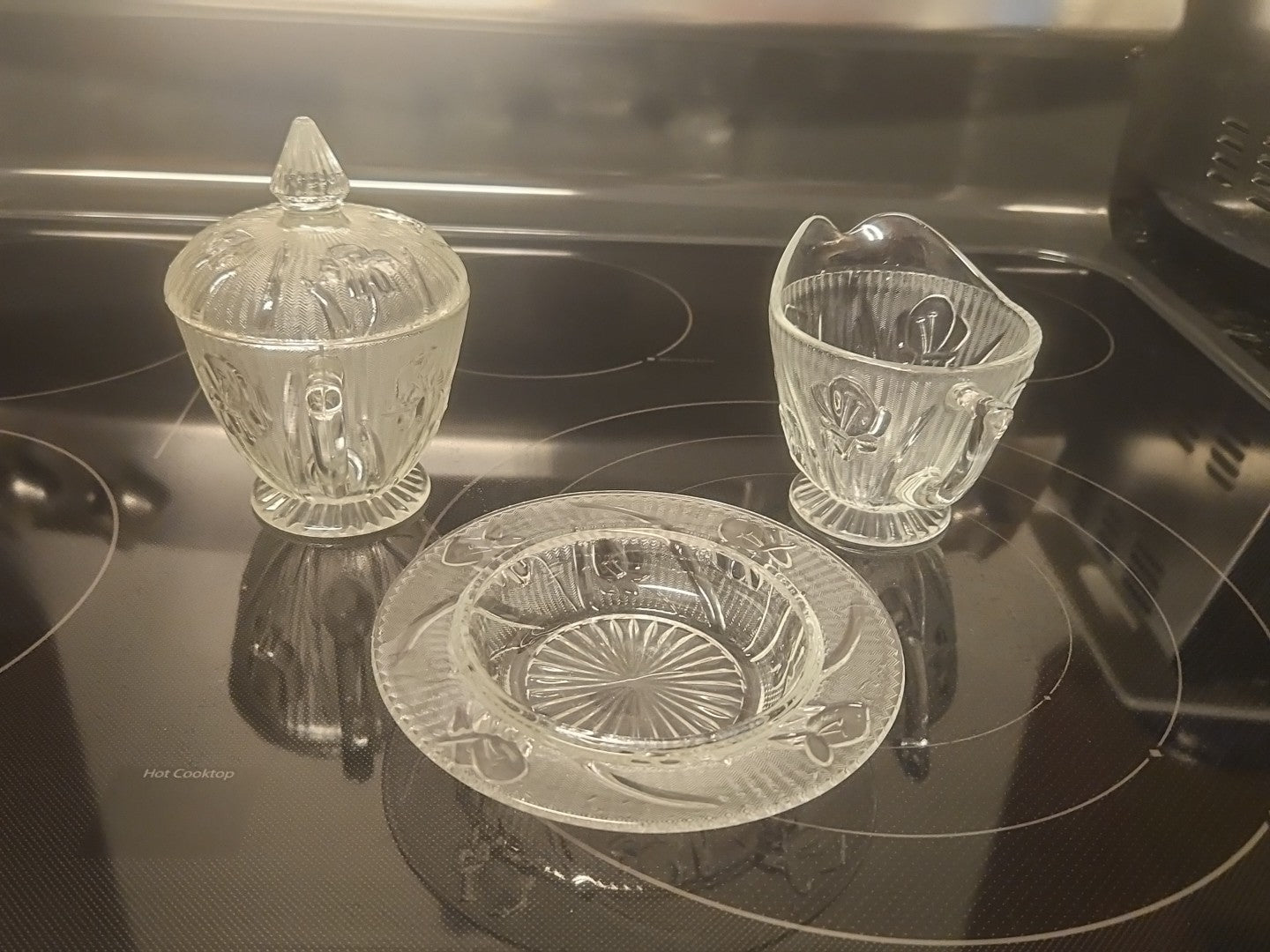 Vintage Jeanette Iris Herringbone Creamer, Sugar Bowl with Lid & Candy Dish