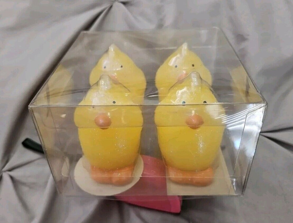 4 GLITTERY YELLOW CHICKS CANDLES EASTER SET NIB