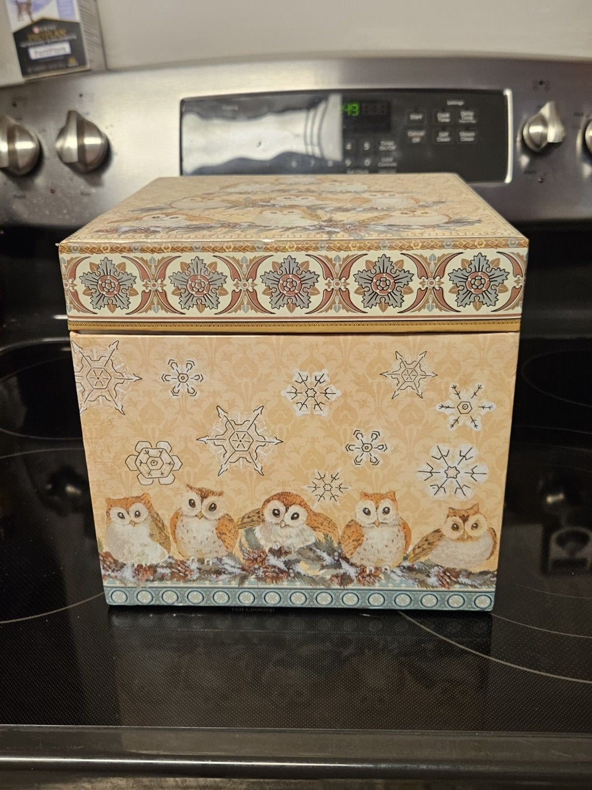 Elegant Storage Box Blue, Yellow, Silver Filigree Owl Print 9"x9"x5"