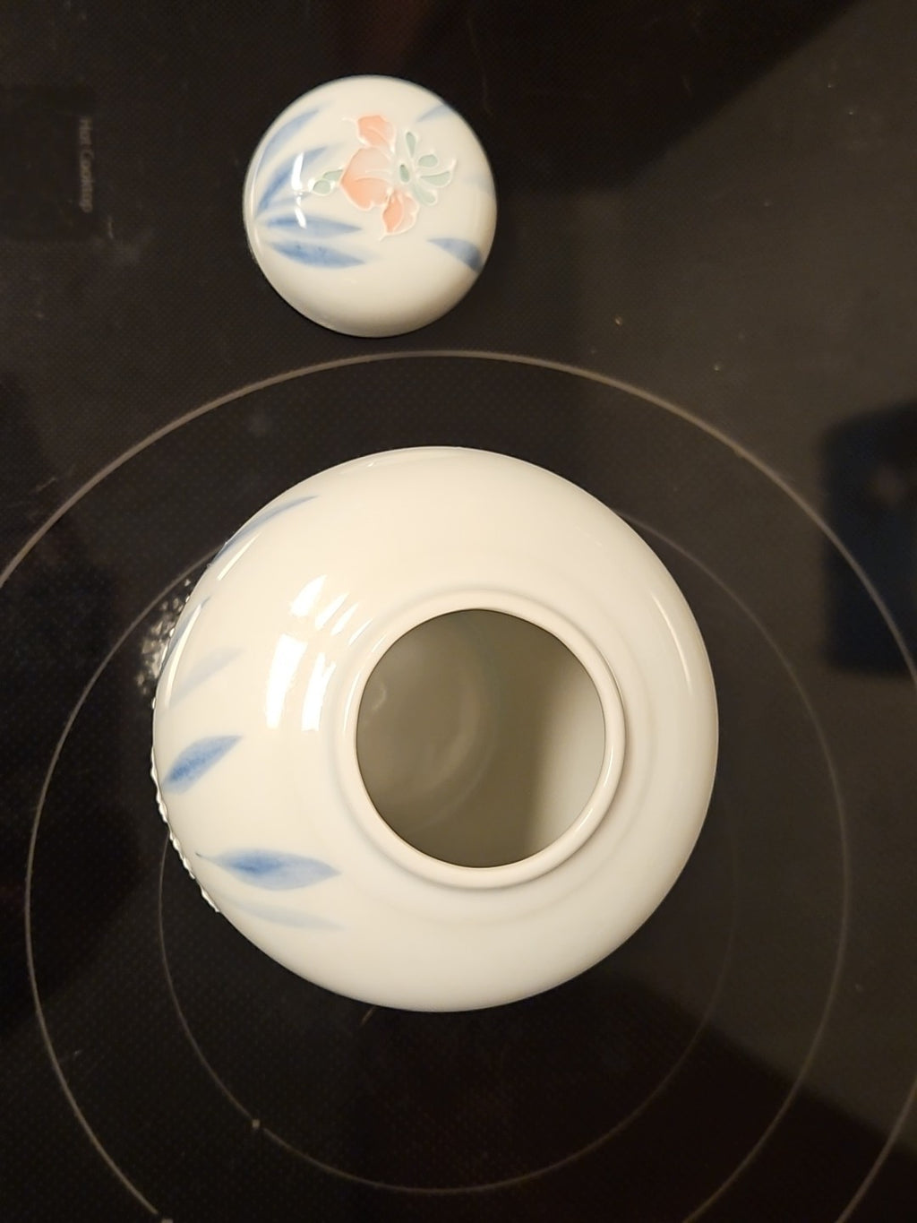 Vintage Chinoiserie Ginger Jar W/ Lid White & Blue W/ Pink Flowers Raised Detail