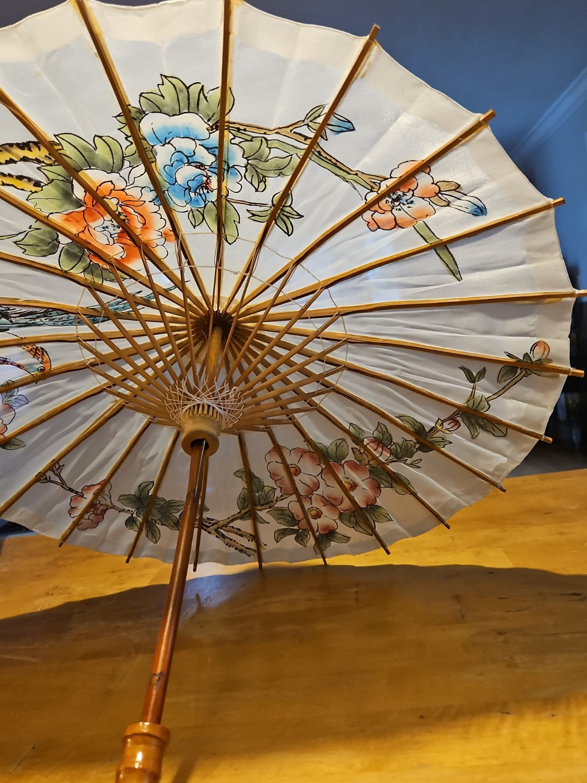 Vintage Asian Japanese Hand Painted Parasol Umbrella 21" White Floral EUC