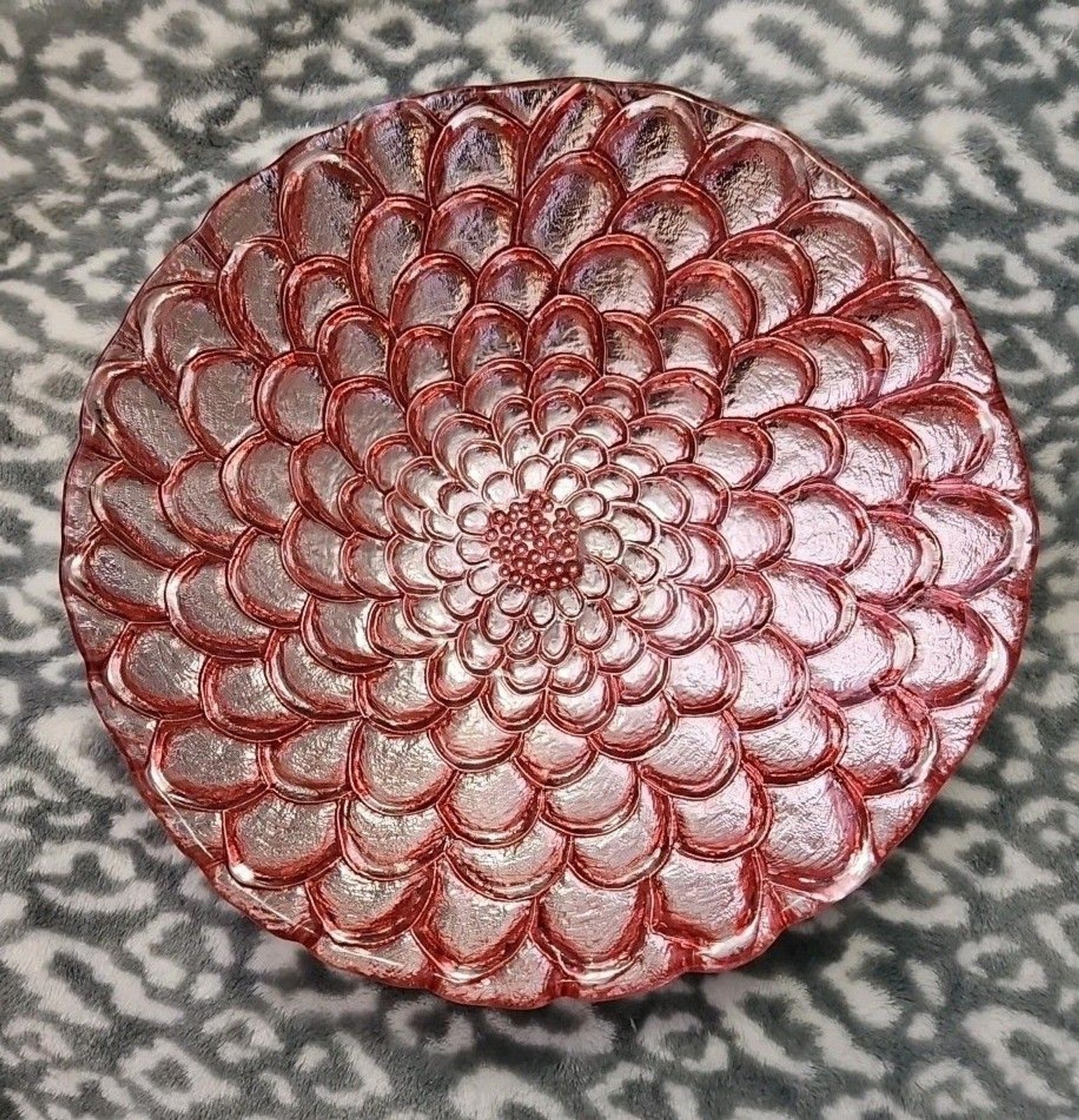 Metallic Pink Floral Design Art Glass Bowl Serving Dish Centerpiece 11.5" x 11.5"