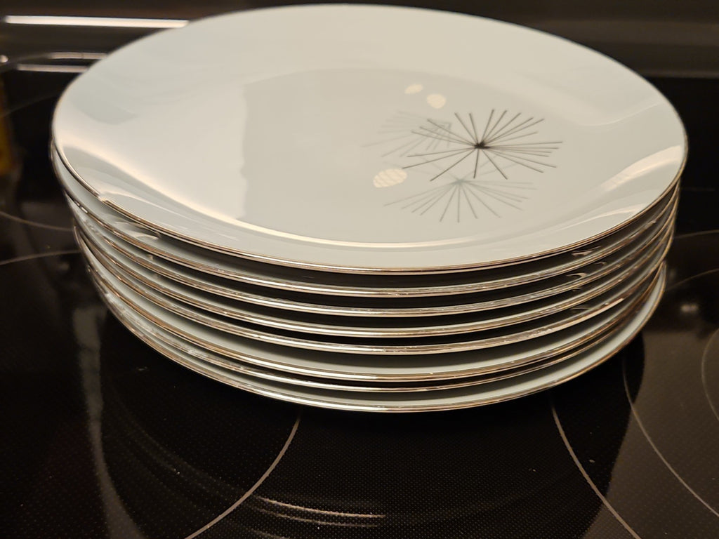 Set Of 8 Vintage MCM Franciscan Silver Pine Dinner Plates 10.5" Platinum Rim
