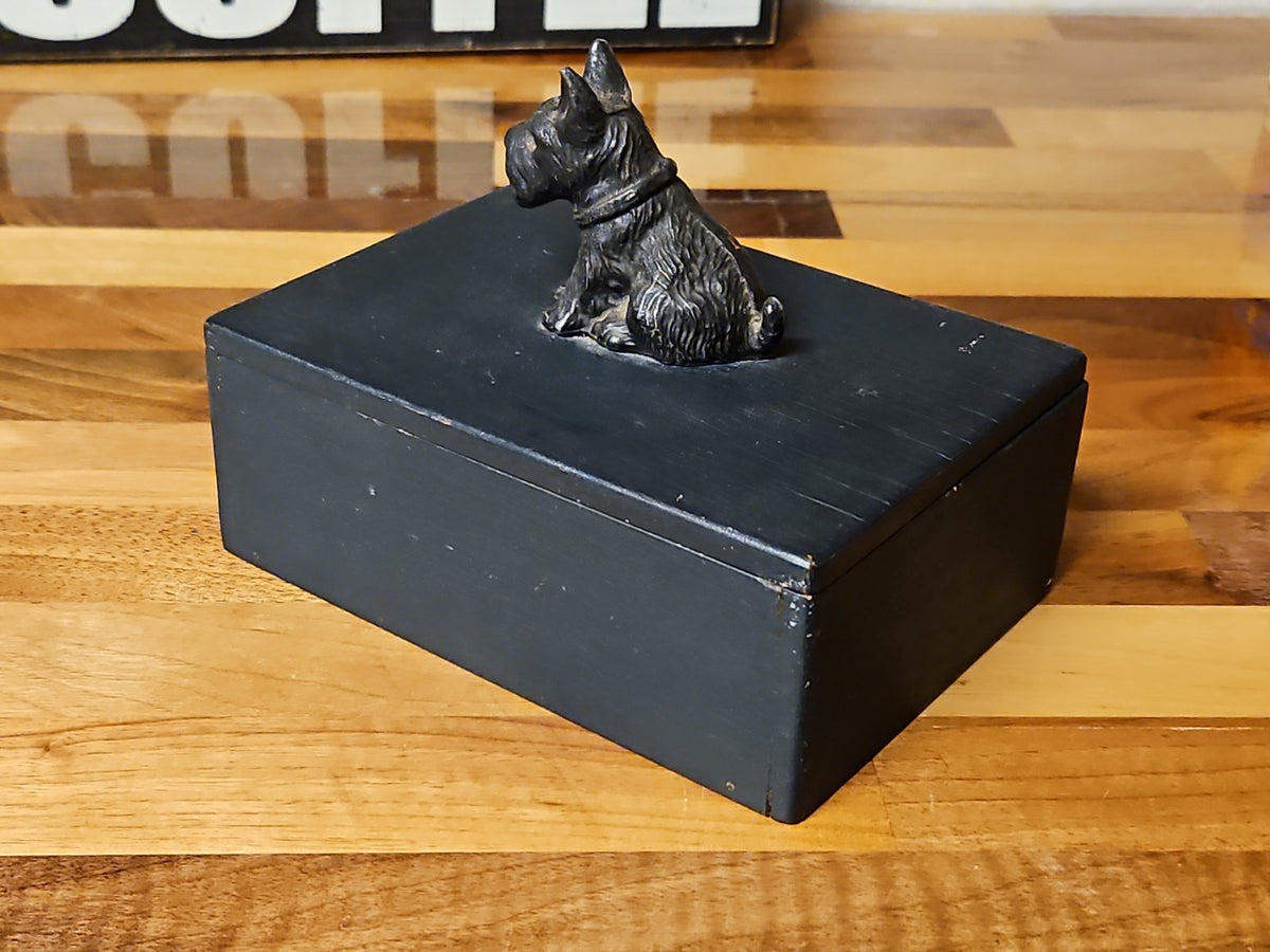 Vintage Art Deco Black Metal Scottie Dog On Wooden Trinket Box 1930s 5.75"×4.25"