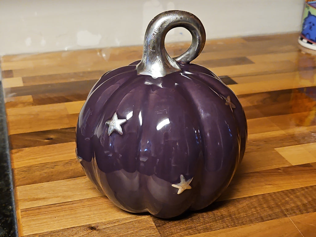 Purple & Silver Celestial Ceramic Pumpkin Goth Halloween Fall Decor 6.5" EUC