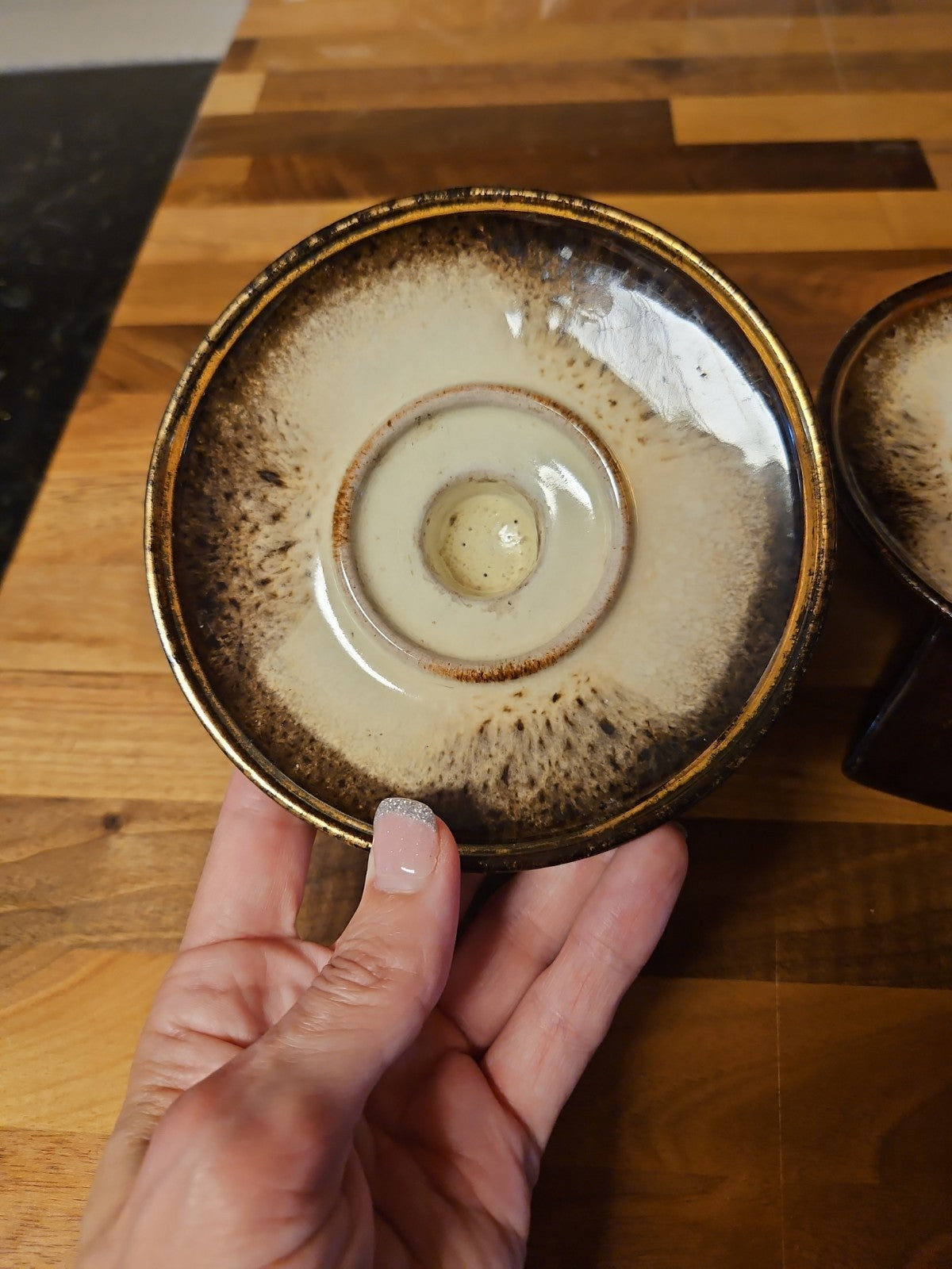 Set Of 2 Vintage MCM Dark Brown Glazed Pottery Taper Holders Candle Holders